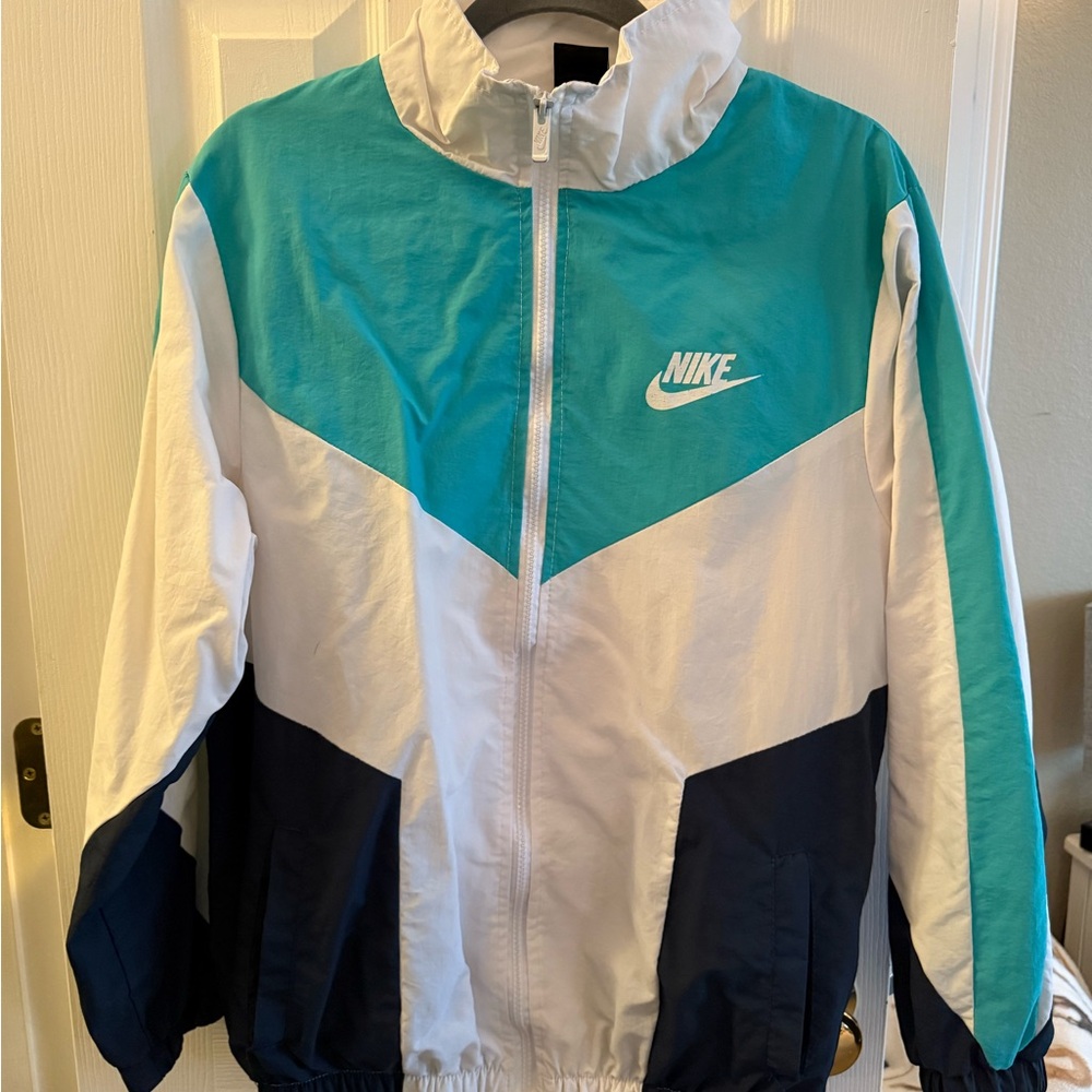 Nike Blue and White Bomber Jacket with Colorblock Design